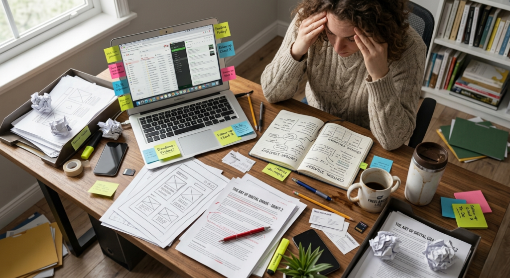 Overwhelmed professional dealing with emails notes and writing tasks