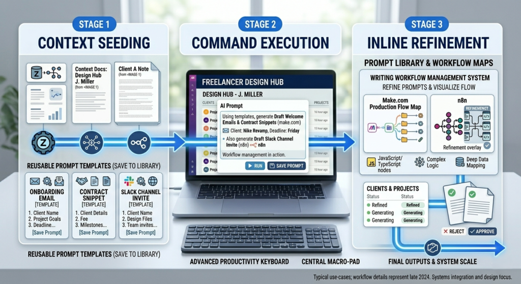Three stage Notion AI writing framework infographic