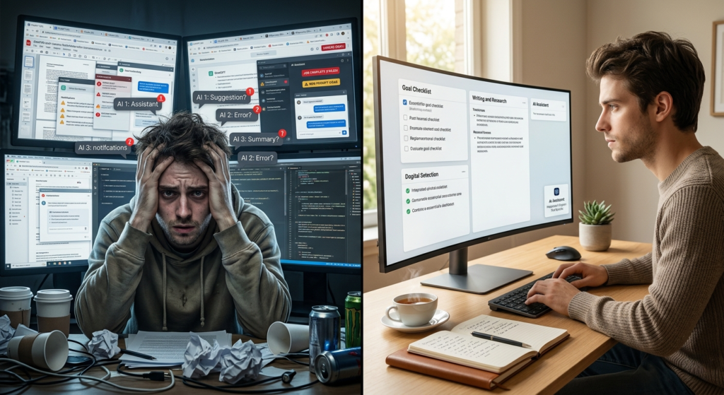AI overload compared with focused AI productivity workflow