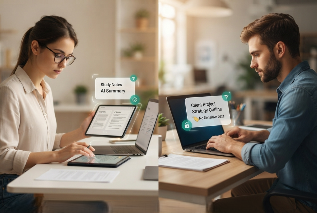 Students and freelancers using AI tools safely with smart privacy habits