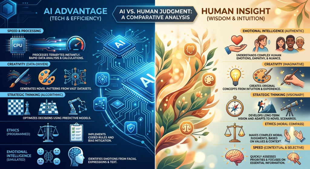 Comparison chart explaining AI vs Human Judgment strengths