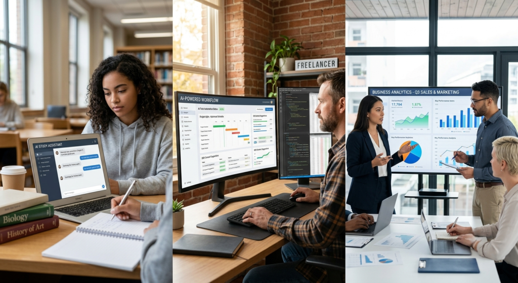 Students, freelancers, and businesses using AI productivity systems