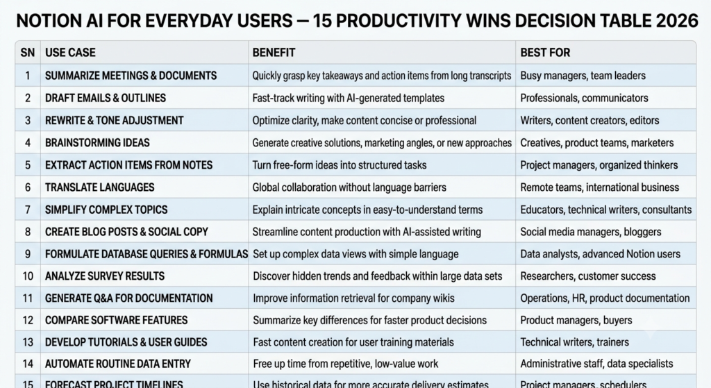 Notion AI for Everyday Users productivity wins infographic showing 15 use cases and benefits