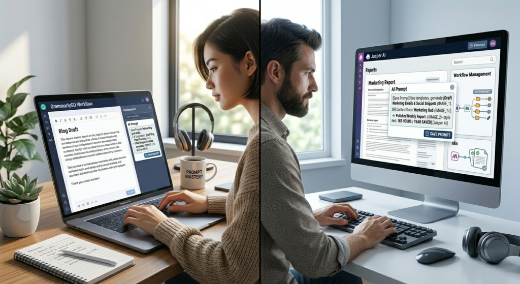 AI writing tools GrammarlyGO and Jasper compared for beginners