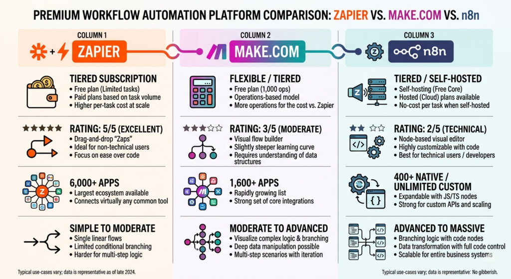 Feature comparison infographic showing pricing, ease of use, integrations, and workflow capabilities of Zapier, Make, and n8n