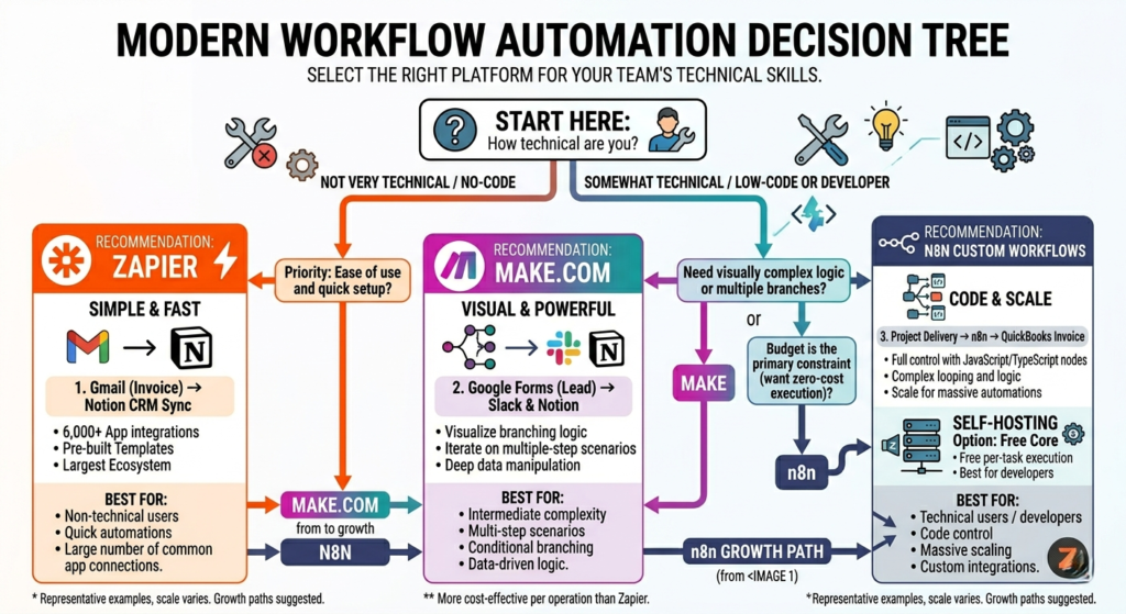 Decision tree showing how users can choose between Zapier, Make, and n8n based on technical skills and workflow requirements
