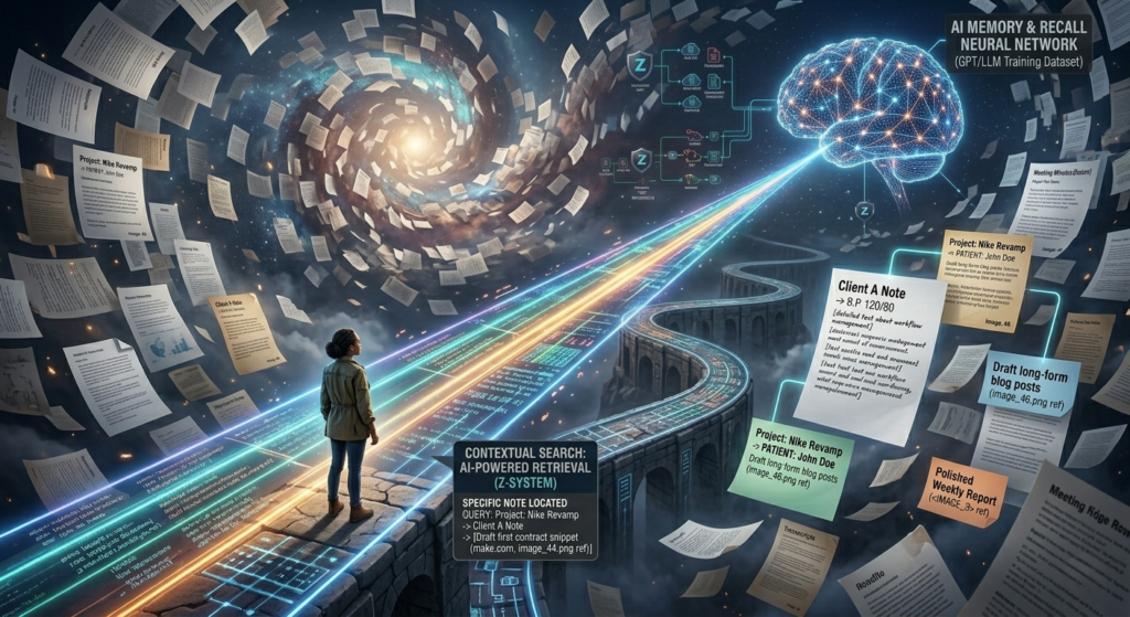 A person navigating vast information space to retrieve a single relevant idea using intelligent search