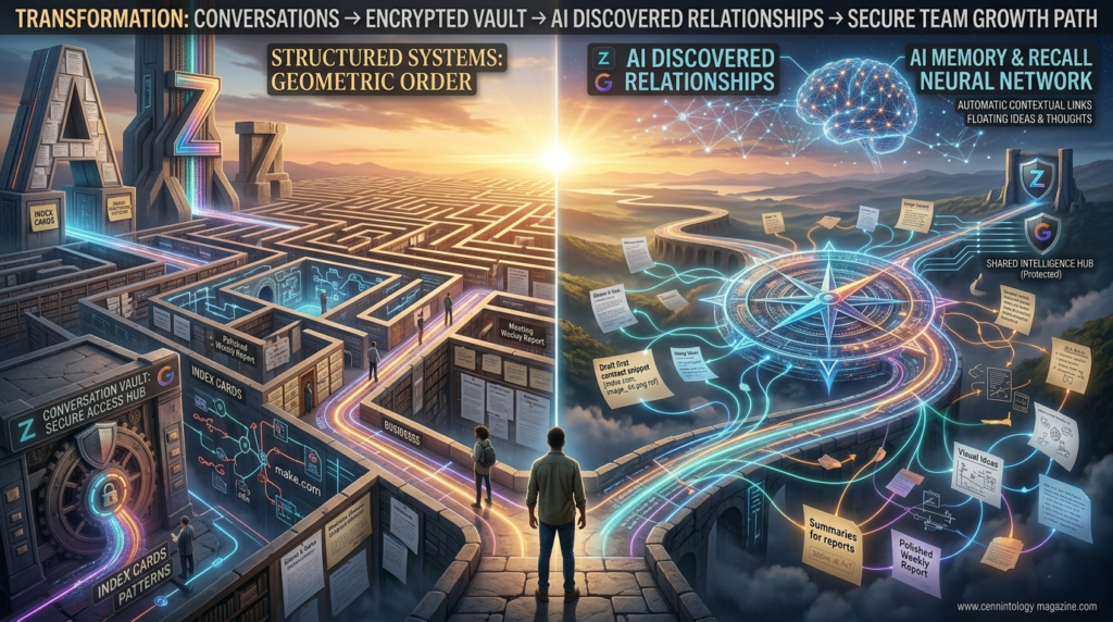 Decision-making scene showing choice between structured workflows and AI-driven knowledge systems