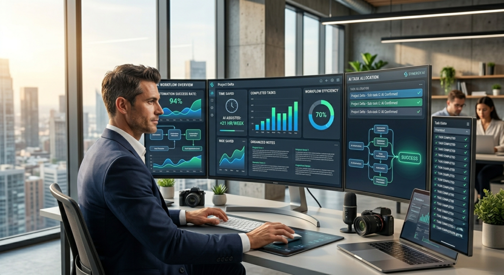 Professional using AI tools effectively to automate tasks and improve productivity.
