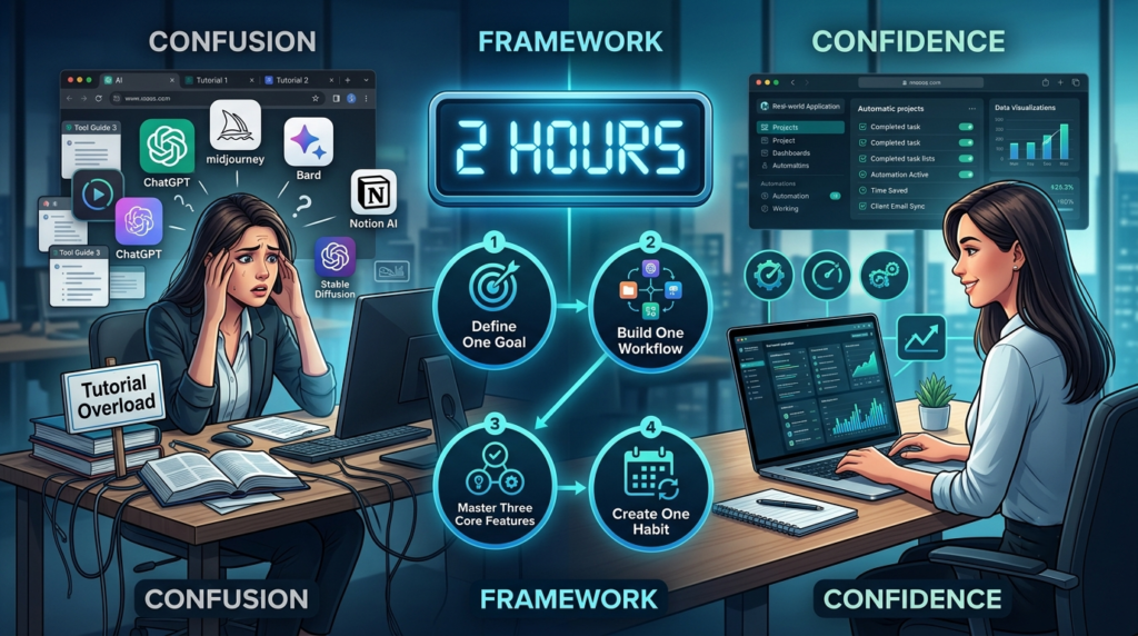 Visual framework showing how everyday users can learn any AI tool in 2 hours using four practical learning stages.