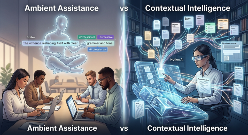 A comparative illustration of GrammarlyGO VS Notion AI as an ambient writing assistant and as a contextual workspace intelligence tool respectively.