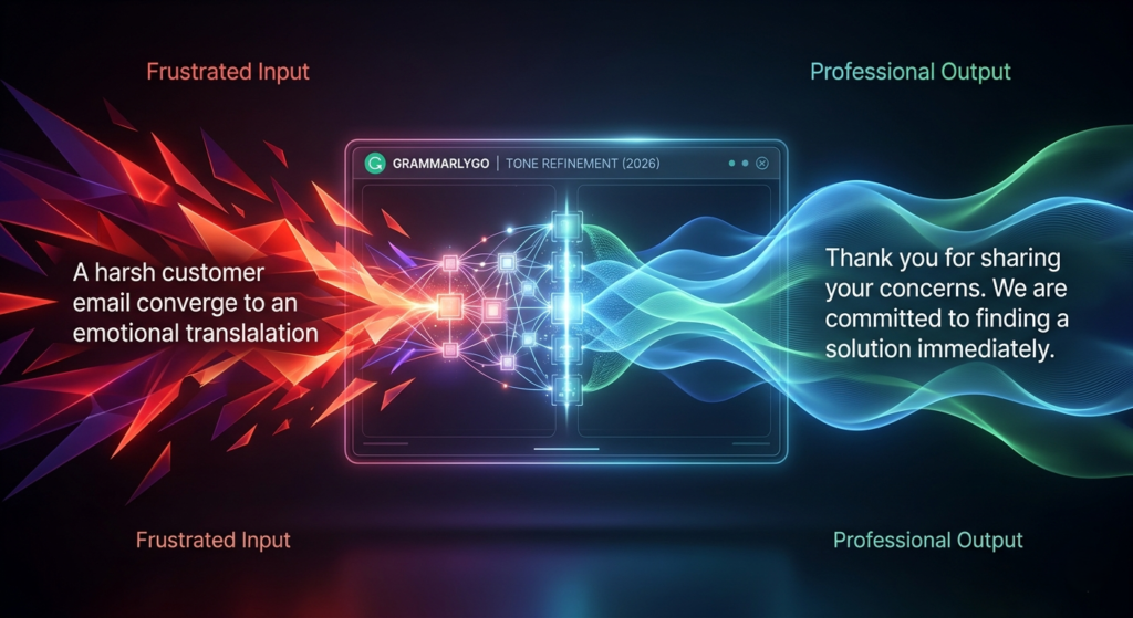 An abstract digital graphic showing GrammarlyGO transforming frustrated, harsh input text into calm, professional output.