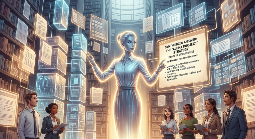 An imaginative rendering of an AI librarian inside a digital workspace synthesizing answers from thousands of documents.