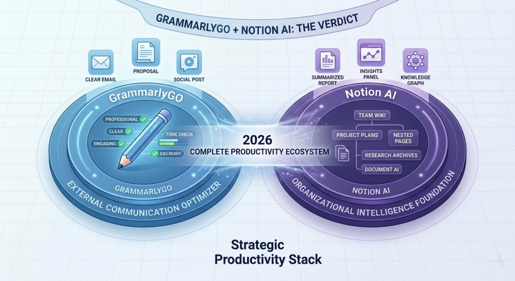 A side-by-side balanced scale illustration showing GrammarlyGO's communication icon and Notion AI's knowledge database icon, representing an ideal 2026 productivity stack.