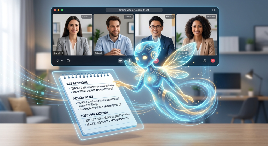 A professional digital illustration of a glowing AI assistant recording an online video meeting and organizing notes in real-time.
