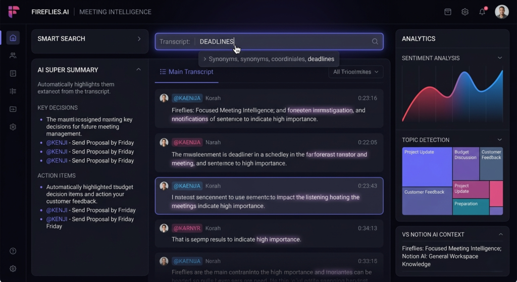 A high-tech interface visualization showing the Fireflies.ai dashboard with AI-generated summaries and sentiment analysis, distinct from general information management like Notion AI.
