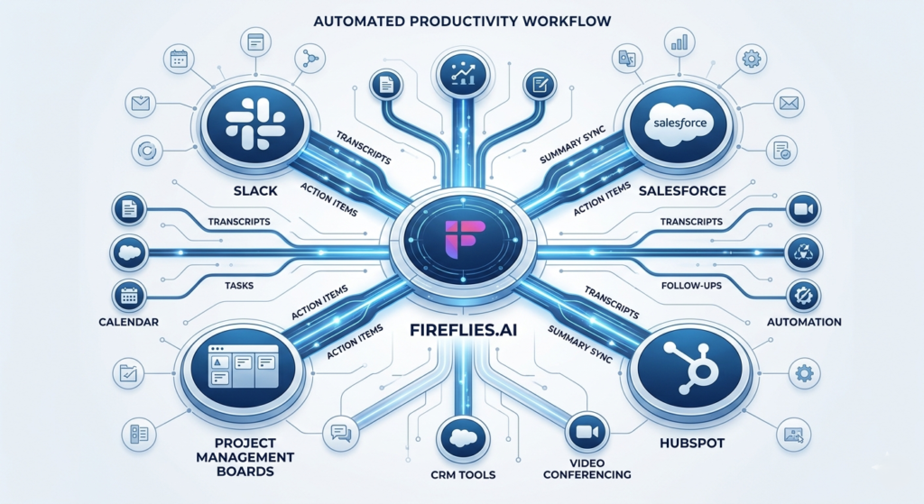 An architectural diagram showing meeting data flowing from Fireflies.ai into CRM, project management, and collaboration tools like Slack.