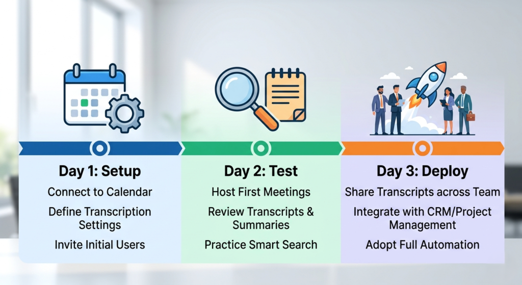 A sleek, modern infographic providing a clear visual guide on how to set up Fireflies AI, detailed as a 3-day roadmap from calendar configuration to team deployment.