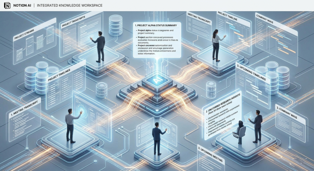 A technical diagram of the Notion AI workspace showing data streams from project transcripts, company wikis, and meeting notes converging for analysis.