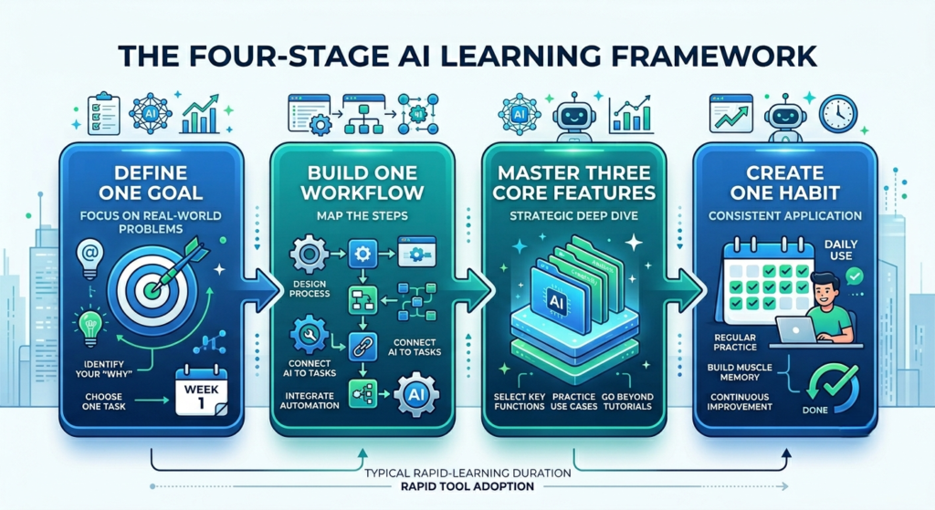 Infographic showing the four-step framework for learning any AI tool efficiently.